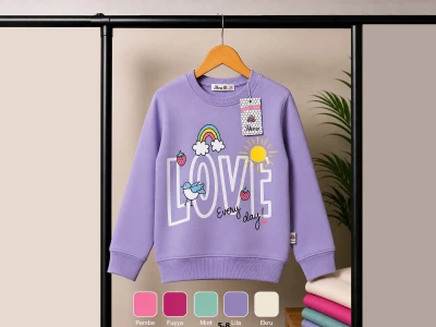 Toptan SFK TEKSTİL (İKRA) Love Baskılı 2 İp Şardonsuz Kız Sweat  EKRU - Beniz Bebe