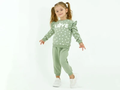 Toptan BICIR KİDS Love Baskılı Çiçek Desenli Fırfırlı Kız Takım  - Toptan Çocuk Giyim Beniz Kids
