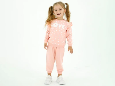 Toptan BICIR KİDS Love Baskılı Çiçek Desenli Fırfırlı Kız Takım  PUDRA - Beniz Bebe