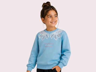 Toptan ROYA KİDS Love Baskılı Çiçek Detaylı 3 İp Şardonlu Kız Sweat  MAVİ - Beniz Bebe