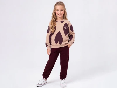 Toptan FEELY KİDS Love Baskılı Kalp Desenli 3 İp Şardonlu Kız Takım  - Toptan Çocuk Giyim Beniz Kids