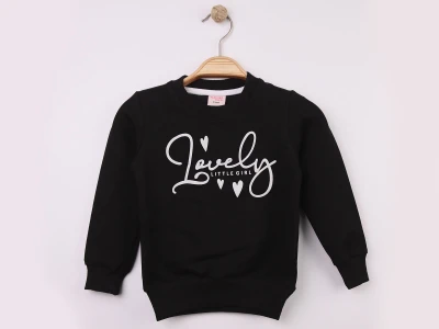 Toptan WENGE KİDS Love Baskılı Kız Sweat  SİYAH - Beniz Bebe