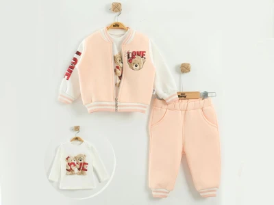 Toptan MİNİ BARAY Love Baskılı Şardonlu 3 İp Hırkalı Üçlü Kız Bebek Takım - Toptan Çocuk Giyim Beniz Kids