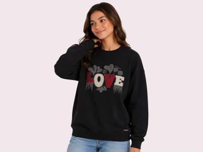 Toptan ROYA KİDS Love Baskılı Taş Detaylı 3 İp Şardonlu Kız Sweat  - Toptan Çocuk Giyim Beniz Kids