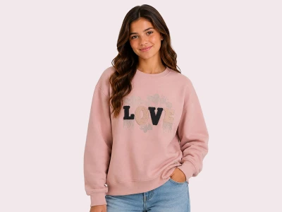 Toptan ROYA KİDS Love Baskılı Taş Detaylı 3 İp Şardonlu Kız Sweat  PEMBE - Beniz Bebe