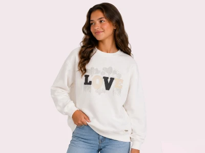 Toptan ROYA KİDS Love Baskılı Taş Detaylı 3 İp Şardonlu Kız Sweat  BEYAZ - Beniz Bebe
