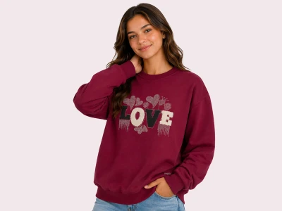 Toptan ROYA KİDS Love Baskılı Taş Detaylı 3 İp Şardonlu Kız Sweat  MÜRDÜM - Beniz Bebe