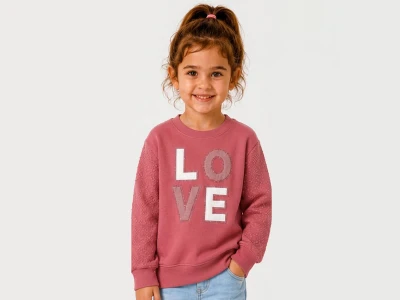 Toptan BİTTOŞ KİDS Love Nakışlı 3 İp Şardonlu Kız Sweat - Toptan Çocuk Giyim Beniz Kids