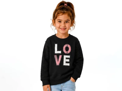 Toptan BİTTOŞ KİDS Love Nakışlı 3 İp Şardonlu Kız Sweat SİYAH - Beniz Bebe