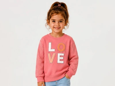 Toptan BİTTOŞ KİDS Love Nakışlı 3 İp Şardonlu Kız Sweat PEMBE - Beniz Bebe