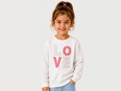 Toptan BİTTOŞ KİDS Love Nakışlı 3 İp Şardonlu Kız Sweat BEYAZ - Beniz Bebe