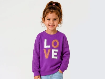 Toptan BİTTOŞ KİDS Love Nakışlı 3 İp Şardonlu Kız Sweat LİLA - Beniz Bebe
