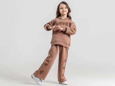 Toptan PAMPAL KİDS Love Nakışlı 3 İp Şardonlu Kız Takım  - Toptan Çocuk Giyim Beniz Kids