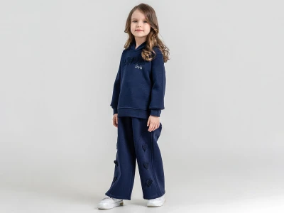 Toptan PAMPAL KİDS Love Nakışlı 3 İp Şardonlu Kız Takım  Navy blue - Beniz Bebe