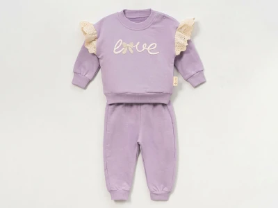 Toptan VOVİDO Love Nakışlı Kız Bebek Takım LİLA - Beniz Bebe