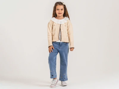 Toptan PAMPAL KİDS Makas Nakışlı Düğmeli Triko Hırkalı Kız Üçlü Takım  - Toptan Çocuk Giyim Beniz Kids