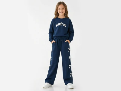 Toptan GİYDROP Manifest Baskılı Kurdele Detaylı Oysho Kız Takım  Navy blue - Beniz Bebe