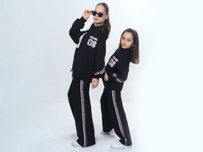 Toptan VIZVIZ Milano Baskılı Fermuarlı Cepli Kız Takım  Black - Beniz Bebe