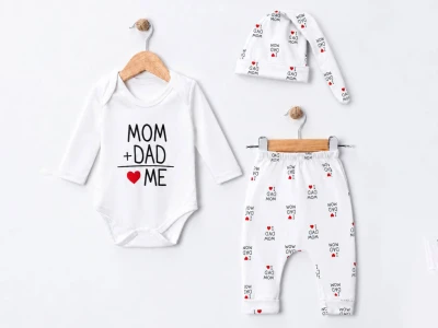 Toptan SÜPERMİNİ Mom Dad Baskılı 3'lü Bebek Takım - Toptan Çocuk Giyim Beniz Kids