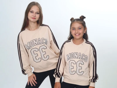 Toptan VIZVIZ Monaco Baskılı 2 İp Kız Sweat  Beige - Beniz Bebe