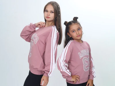 Toptan VIZVIZ Monaco Baskılı 2 İp Kız Sweat  Rose - Beniz Bebe