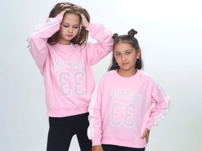 Toptan VIZVIZ Monaco Baskılı 2 İp Kız Sweat  Pink - Beniz Bebe