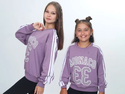 Toptan VIZVIZ Monaco Baskılı 2 İp Kız Sweat  Lilac - Beniz Bebe