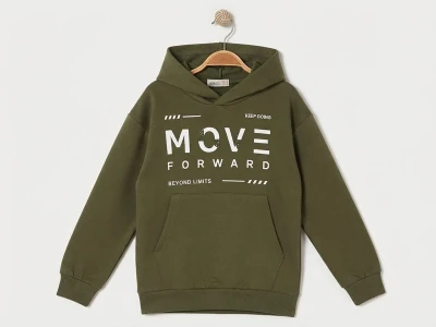 Toptan RUHAT KİDS Move Baskılı Kanguru Cepli Kapşonlu 3 İp Şardonlu Erkek Sweat  Khaki - Beniz Bebe