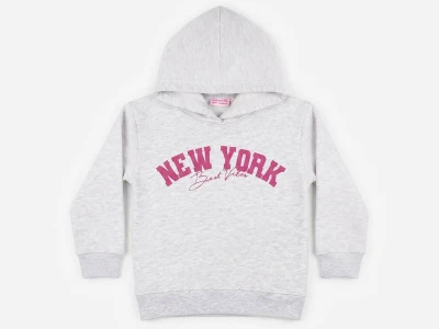 Toptan CMK New York Baskılı Kapşonlu 3 İp Şardonlu Kız Takım  GRİ - Beniz Bebe
