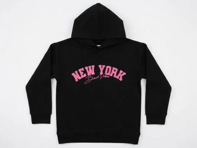 Toptan CMK New York Baskılı Kapşonlu 3 İp Şardonlu Kız Takım  SİYAH - Beniz Bebe