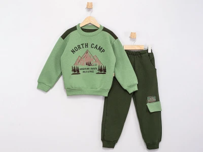 Toptan FEELY KİDS North Camp Baskılı 3 İp Şardonlu Erkek Takım  FISTIKYEŞİLİ - Beniz Bebe