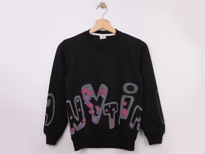 Toptan WENGE KİDS Nytim Baskılı Kız Sweat  Black - Beniz Bebe