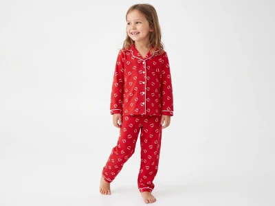 Toptan DOLAŞ Öpücük Desenli Düğmeli Yakalı Kız Pijama Takım  - Toptan Çocuk Giyim Beniz Kids