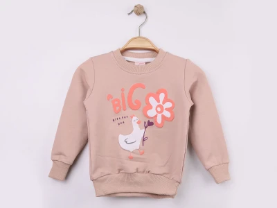 Toptan WENGE KİDS Ördek Baskılı Kız Sweat  BEJ - Beniz Bebe