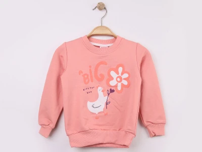 Toptan WENGE KİDS Ördek Baskılı Kız Sweat  PEMBE - Beniz Bebe