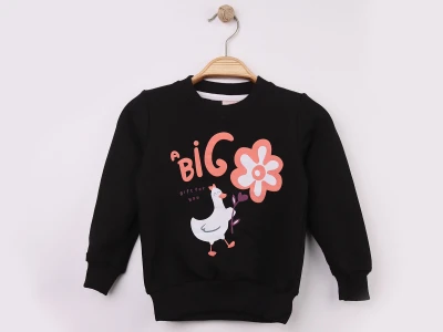 Toptan WENGE KİDS Ördek Baskılı Kız Sweat  SİYAH - Beniz Bebe