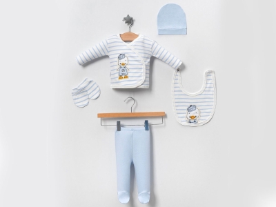 Toptan BABY ZUHU Ördek Nakışlı 5li Erkek Hastane Çıkışı Zıbın Set أزرق - Beniz Bebe