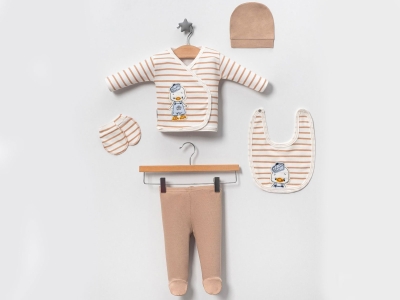 Toptan BABY ZUHU Ördek Nakışlı 5li Erkek Hastane Çıkışı Zıbın Set البني - Beniz Bebe