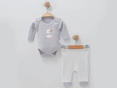 Toptan NAYINOM Ördek Nakışlı Erkek Bebe Takım  GRİ - Beniz Bebe