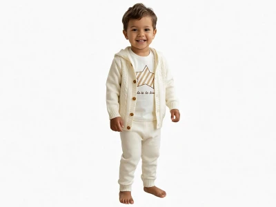 Toptan PRATİK KİDS Örgü Desenli Hırkalı Triko Erkek Bebe Üçlü Takım  - Toptan Çocuk Giyim Beniz Kids