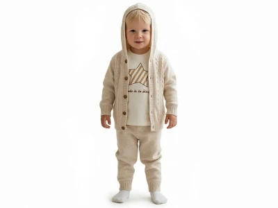 Toptan PRATİK KİDS Örgü Desenli Hırkalı Triko Erkek Bebe Üçlü Takım  Cream - Beniz Bebe