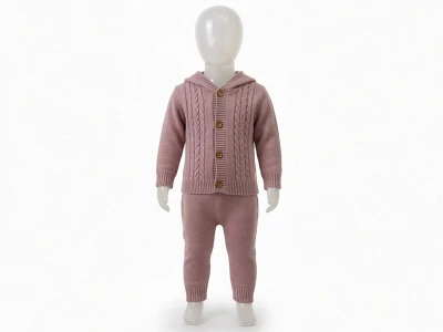 Toptan PRATİK KİDS Örgü Desenli Şapkalı Triko Kız Bebe Takım  Rose - Beniz Bebe