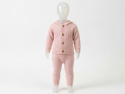 Toptan PRATİK KİDS Örgü Desenli Şapkalı Triko Kız Bebe Takım  Pink - Beniz Bebe
