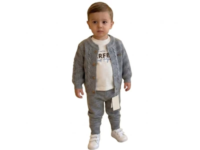 Toptan PRATİK KİDS Örgü Desenli Triko Hırkalı Erkek Bebe Üçlü Takım  GRİ - Beniz Bebe