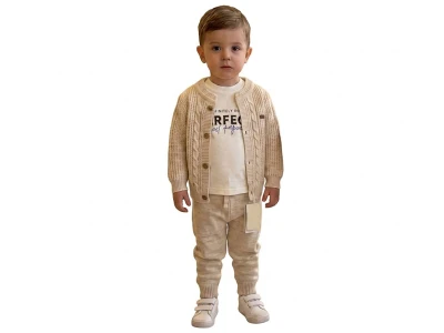 Toptan PRATİK KİDS Örgü Desenli Triko Hırkalı Erkek Bebe Üçlü Takım  BEJ - Beniz Bebe