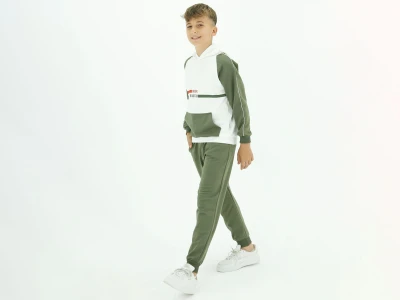 Toptan BICIR KİDS Original Baskılı Kanguru Cepli Erkek Takım  YEŞİL - Beniz Bebe