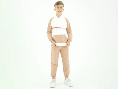 Toptan BICIR KİDS Original Baskılı Kanguru Cepli Erkek Takım  BEJ - Beniz Bebe