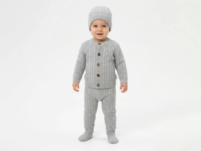 Toptan ÖZ-KA LİFE Örme Unisex 3'lü Bebek Takım GRİ - Beniz Bebe