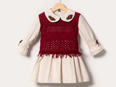 Toptan EBRULİ Örme Yelekli Kız Çocuk Elbise - Toptan Çocuk Giyim Beniz Kids