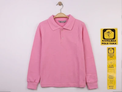 Ortaokul Boy Pembe Renk Kıvrılmaz Polo Yaka Okul Lakos Sweat